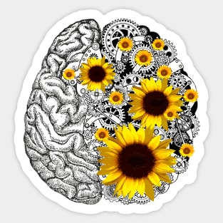 Brain human anatomy,pink sunflowers, mental Sticker